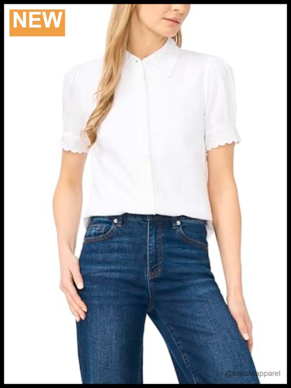 Women's Short Sleeve Scallop Trim Button Up Top - 80% Rayon 20% Linen